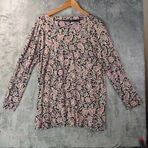 J.Jill‎ Women's M Wearever Collection Top Black Pink Paisley Floral Knit Tunic